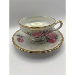 Vintage Luster Ware Cabbage Rose Teacup and Saucer
